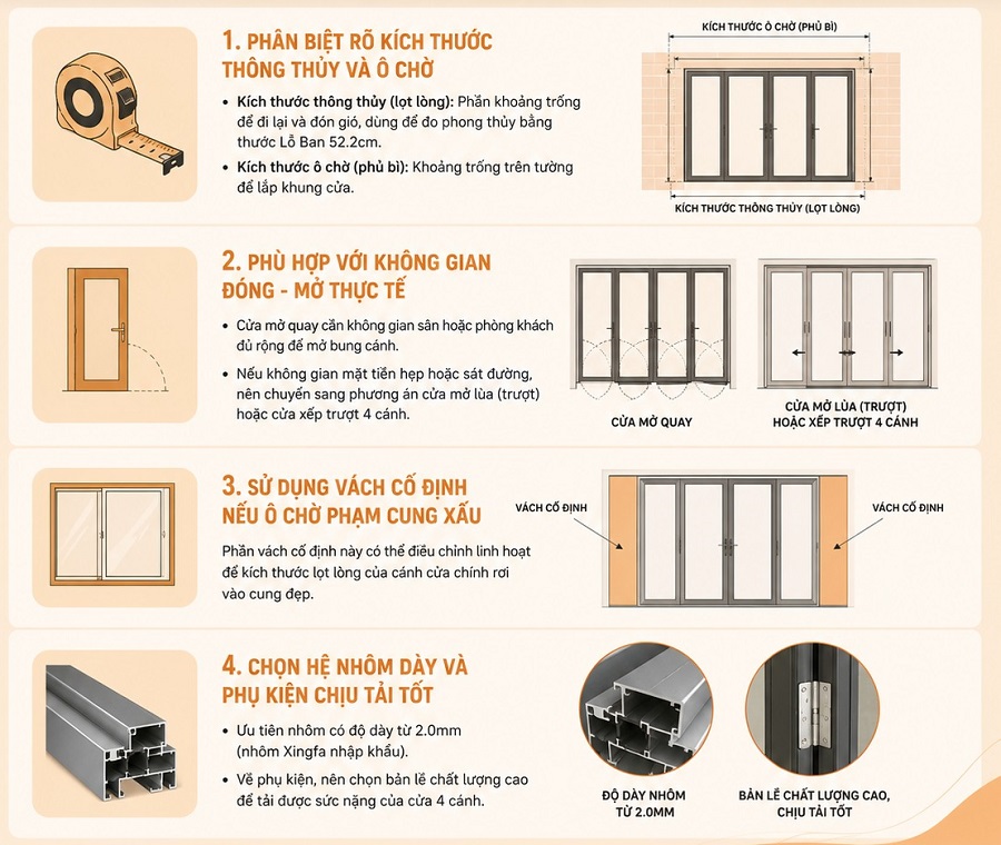 Lưu ý khi chọn kích thước của chính 4 cánh nhôm kính